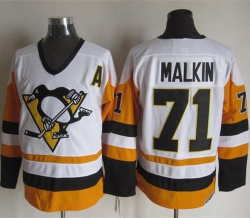 Penguins #71 Evgeni Malkin White/Black CCM Throwback Stitched NHL Jersey - Click Image to Close